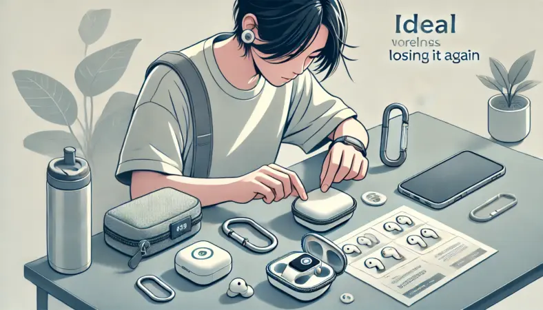 ワイヤレスイヤホンケースにカバーを装着し、カラビナでバッグに固定し、紛失防止タグを取り付けて整理している日本人の様子を描いたイラスト