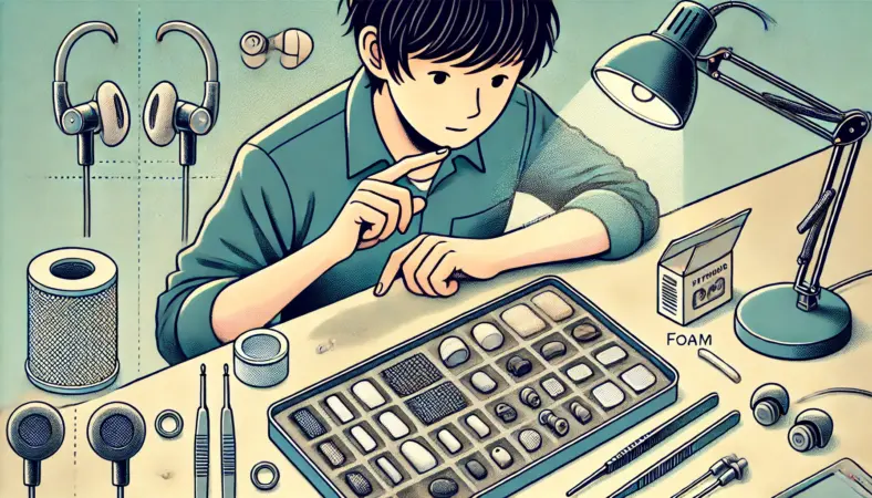 イヤホンフィルターが取れた後、日本人の人物がデスク上で代用フィルター（メッシュ・ウレタン）を比較検討している様子。工具や部品が整然と並び、安全かつ正確な交換作業の重要性を伝える構図。