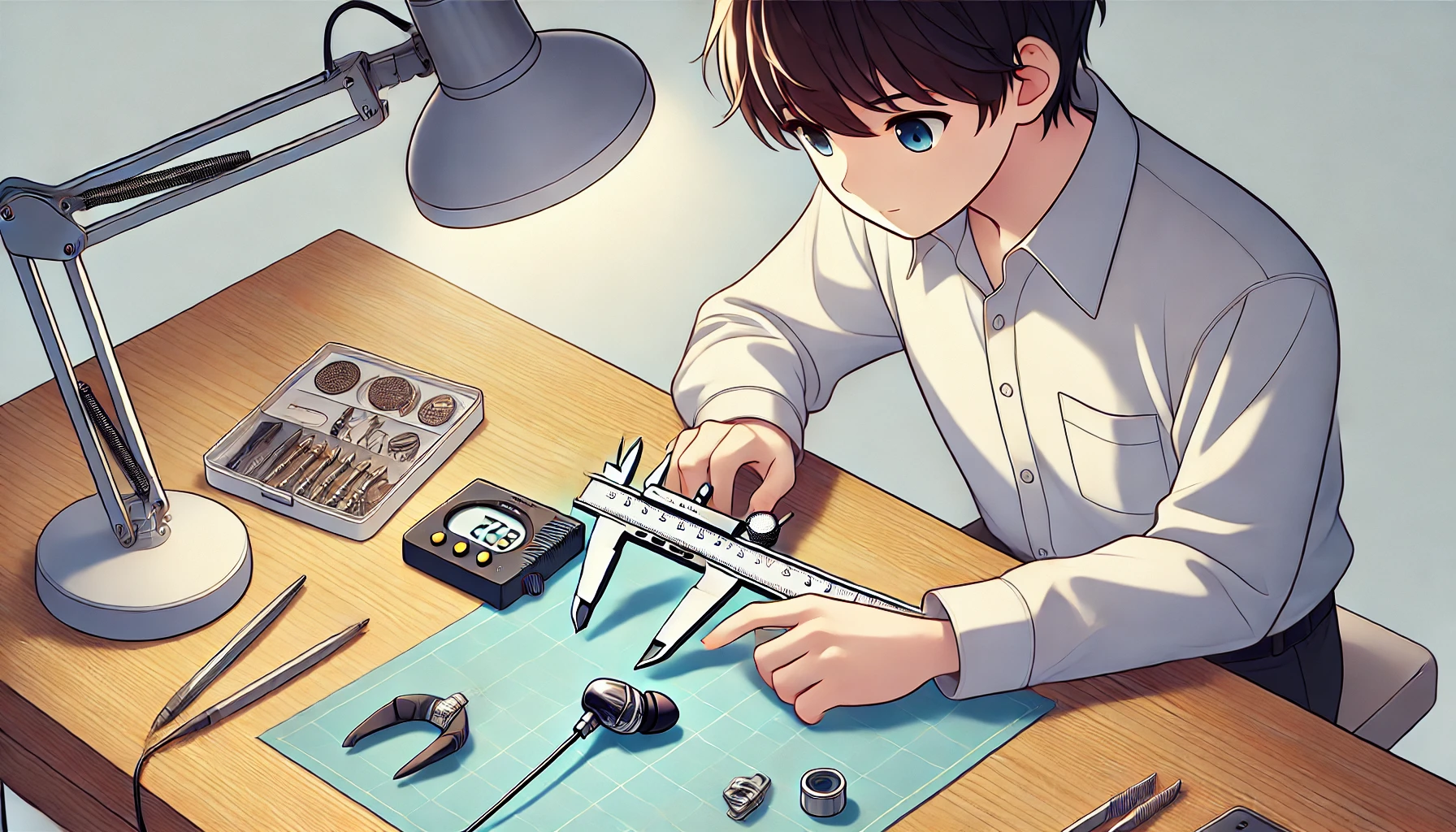 明るい作業台で日本人の人物がイヤホンの音導管をノギスで慎重に測定している様子。交換用フィルター装着の前準備として、精密工具が整った環境で作業している場面。