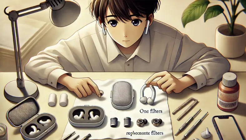 ワイヤレスイヤホンを手に取り、欠けたフィルターを見ながら代用パーツを慎重に比較している日本人の人物。机上には複数の小さなフィルターと工具が並び、落ち着いた照明の中で選定している様子。