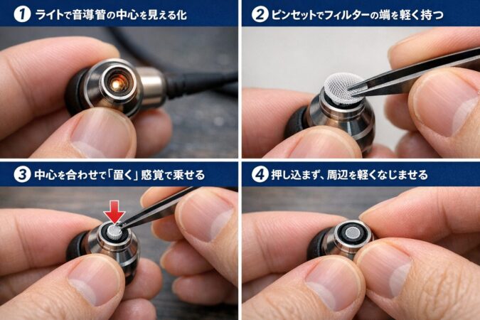 付け方の基本手順（私のおすすめ）
ライトで音導管の中心を見える化する
ピンセットでフィルターの端を軽く持つ
中心を合わせて「置く」感覚で乗せる
押し込まず、周辺を軽くなじませる