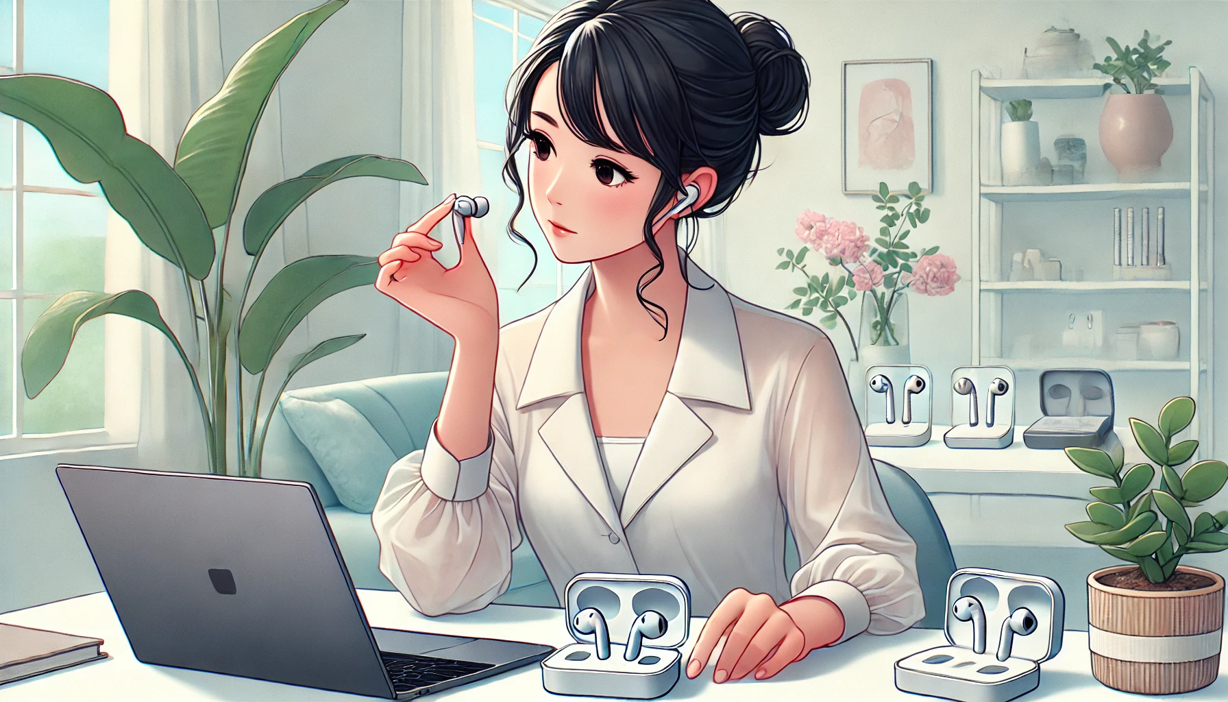明るい自宅オフィスでイヤーカフ型ワイヤレスイヤホンを慎重に検討する日本人女性のイラスト。複数のイヤホンを比較しながら、自分に合った製品を選ぼうとしている様子が描かれている。