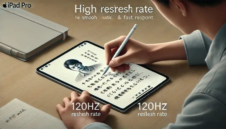 日本人女性がiPad ProとApple Pencilを使ってイラストを素早く描いている様子を描いたイラスト。120Hzのリフレッシュレートによる滑らかなペンの追従性を反映し、明るく整理されたデジタルアートの作業環境が表現されている。