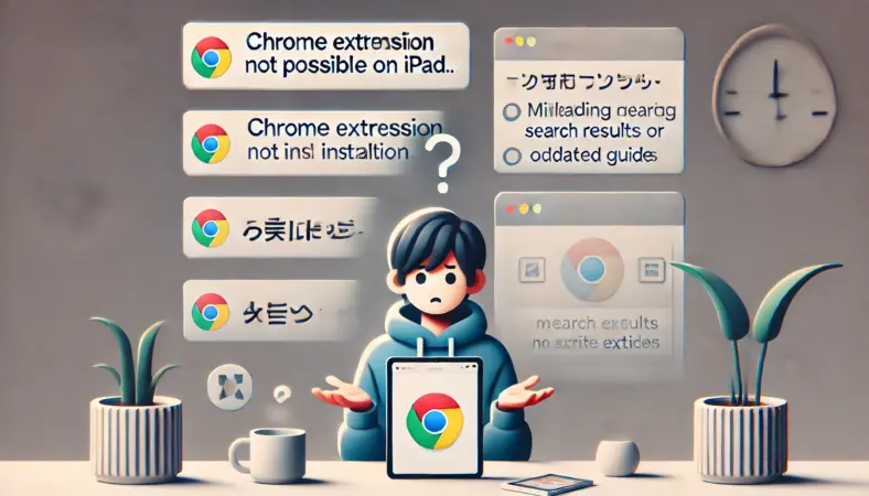 Chrome拡張機能をインストールしようとしてもボタンが見つからず困惑する日本人ユーザーと、誤解を招くような検索結果や古い手順が暗示的に示されたシーン。iPadではインストールそのものができない状況を視覚的に表現。