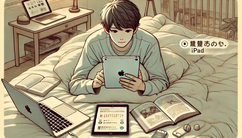 ベッドやソファでリラックスしながらiPadで読書や動画視聴、Web閲覧をしている日本人の人物のイラスト。周囲にはスマホや本、ヘッドホンが置かれ、インプット中心の用途にiPadが最適であることを表現している。
