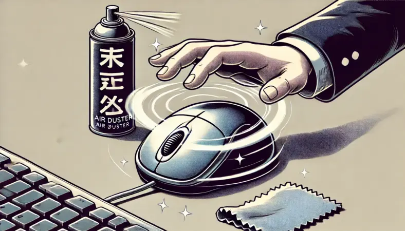 メンテナンス後にマウスホイールを素早く回して動作を確認している日本人ユーザーのイラスト。デスク上にはエアダスターとマイクロファイバークロスが置かれ、掃除後の動作確認の様子が描かれている。