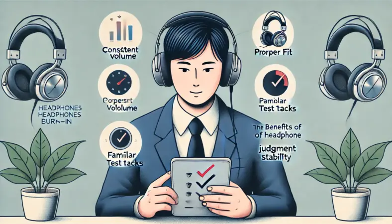 タブレットでチェックリストを見ながらヘッドホンを調整する日本人男性のイラスト。音量、装着、テスト曲のアイコンが周囲に描かれ、判断の安定性向上を表現している