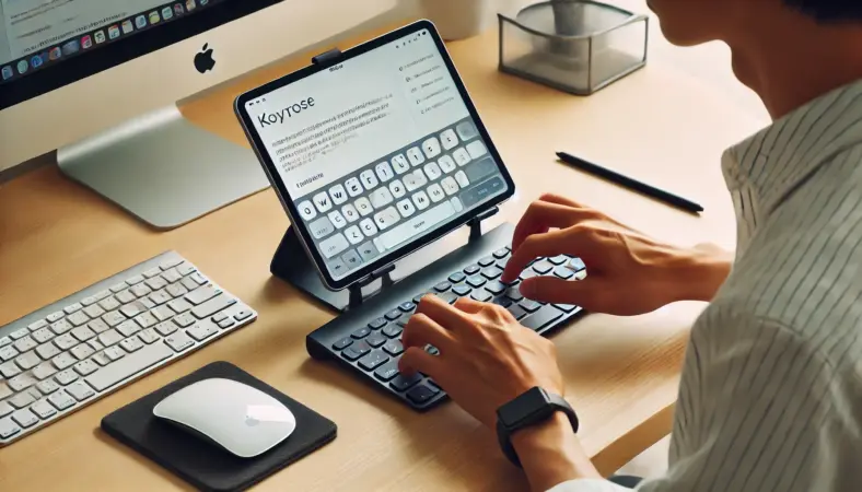 BluetoothキーボードでiPadに文字入力をしている日本人ユーザー。スタンドに設置されたiPadと、整ったモダンなデスク環境の中で集中して作業している様子。テキスト入力の効率化と作業性の向上を示すシーン。