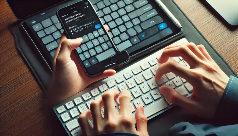 オフィスでiPhoneを操作する日本人男性が、突然大きくなったキーボード音に戸惑っている様子。