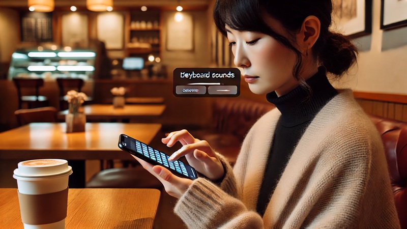 静かなカフェでiPhoneを操作する日本人女性が、キーボードのタップ音に戸惑っている様子。木製のテーブルと暖かい照明が落ち着いた雰囲気を演出している。
