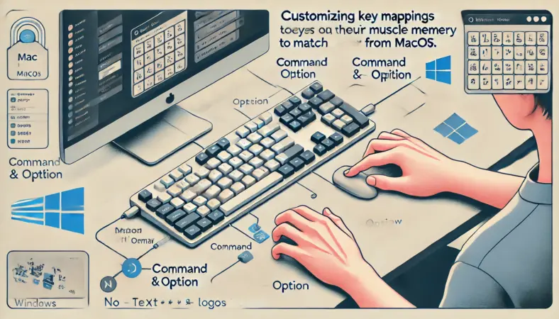 WindowsパソコンでMacキーボードを使用し、CommandやOptionキーをカスタマイズしてMacと同じ指の動きで操作できるようにしている日本人ユーザーのイラスト。ショートカット動作とキー配置が統一されている様子が描かれている。