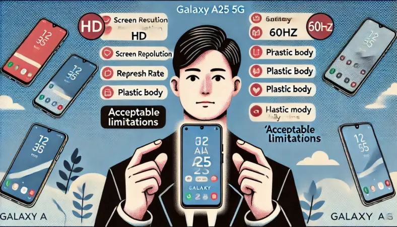 日本人男性がスマートフォンの性能とコストのバランスを熟考し、Galaxy A25 5Gのデメリットを「許容できるかどうか」で判断している様子を象徴的に描いたイラスト。