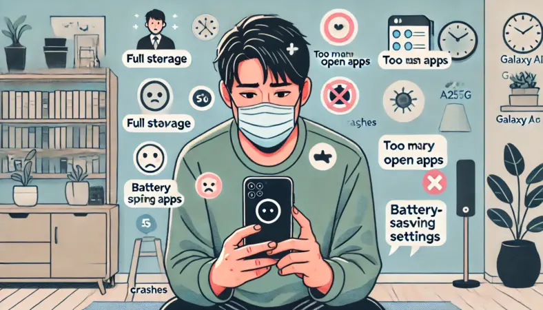 日本人男性が自宅でスマートフォンの不具合を冷静に確認しているイラスト。ストレージ不足や省電力設定など、Galaxy A25 5Gでよく見られる問題の原因を視覚的に表現。