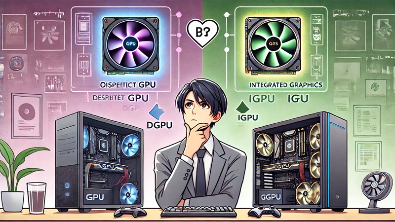グラフィックボード（dGPU）搭載のミニPCとiGPUモデルを比較しながら、パフォーマンスやシンプルさを重視して選定している日本人男性ユーザーのイラスト。性能の違いが視覚的にわかる構成で、快適なゲーミング環境が表現されている。