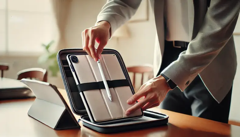 Apple Pencilが収納できる専用ケースにiPad A16を入れ、外出時の紛失を防ぐために準備する日本人の様子
