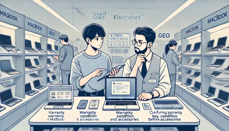 ゲオのような中古ショップでMacBookを店員と一緒に確認している日本人男性のイラスト。保証や状態の確認をしている様子が丁寧に描かれている。