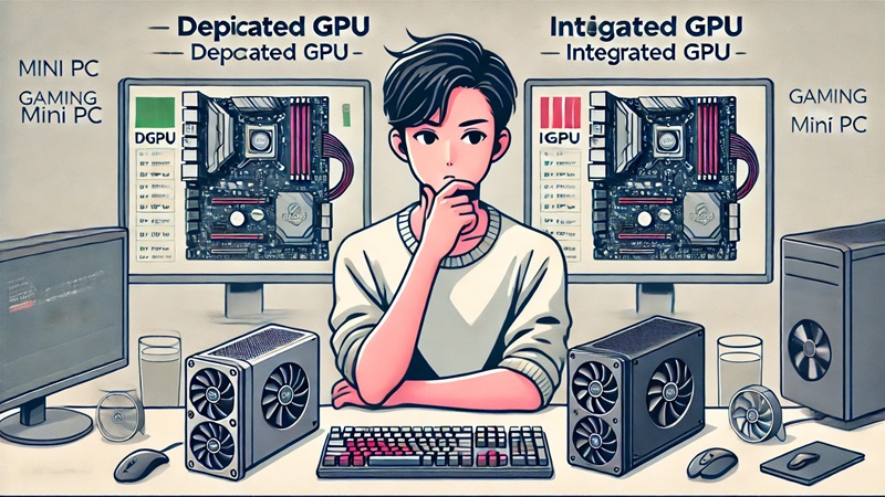 ゲーミングミニPCの性能を比較しながら、dGPUとiGPUの違いに注目して選定している日本人男性ユーザーのイラスト。モニターに表示されたベンチマークや周辺機器が、パフォーマンス重視の選び方を視覚的に表現している