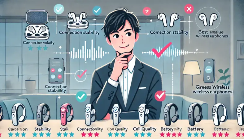 ワイヤレスイヤホンを比較しながら、コスパの高い製品を選ぶ日本人の様子を描いたイラスト。接続安定性・通話品質・バッテリー性能などを確認し、納得した表情で選択している姿が示されている。