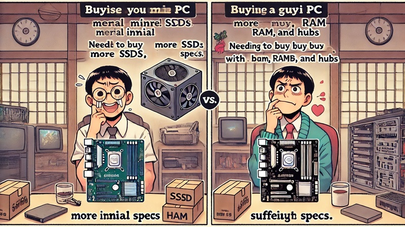 最小構成でミニPCを購入し後悔するユーザーと、十分な構成で最初から満足しているユーザーを対比した日本人男性のイラスト。無駄な追加費用を回避する重要性が表現されている。