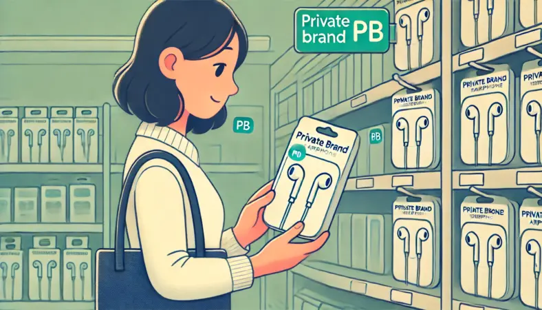 コンビニでプライベートブランドのイヤホンを手に取り、最低限の用途に合うかを見極めている日本人ユーザーのイラスト。実用性重視の選び方を表現。