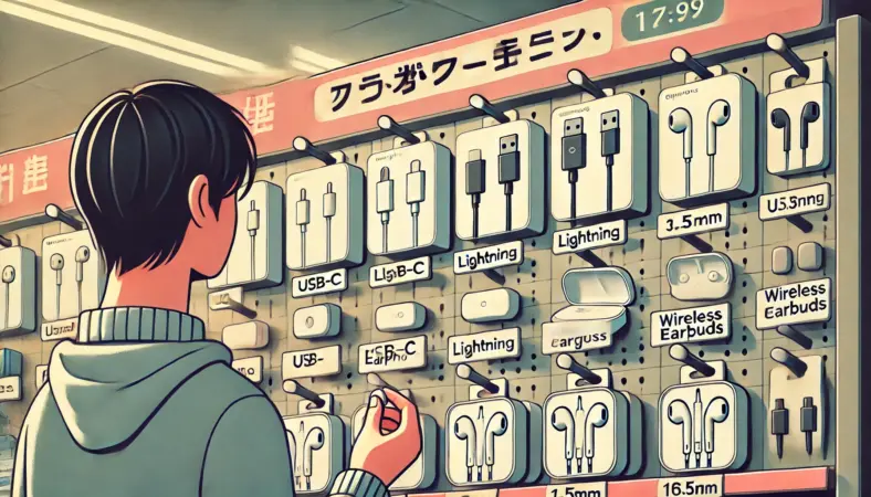 コンビニの売り場でUSB-C、Lightning、3.5mmの有線イヤホンとワイヤレスイヤホンを比較している日本人のイラスト。用途や端子の違いによって製品を選んでいる様子。