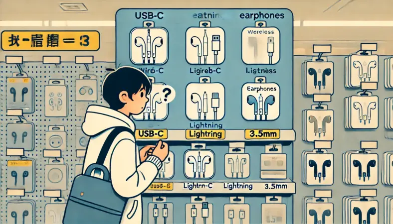 コンビニの電子機器売り場で、有線とワイヤレスのイヤホンを急いで選んでいる日本人ユーザーのイラスト。緊急時に必要なイヤホンを素早く選ぶ場面を描写。