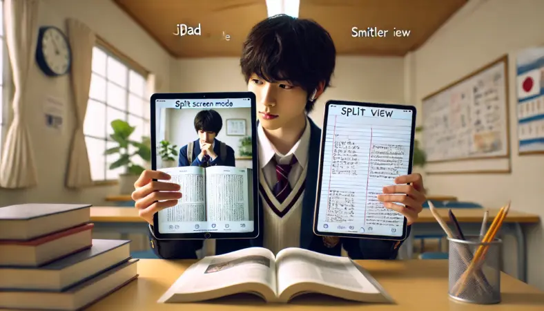 大画面と小型iPadを比較しながら、教材とノートを並べた分割表示に最適なサイズを選んでいる日本人学生の様子。