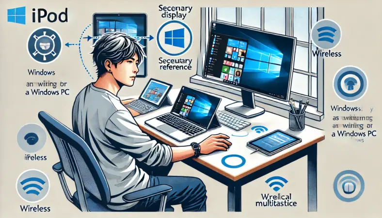 WindowsノートPCとiPadをワイヤレスで接続し、iPadをサブディスプレイとして使っている日本人男性の自宅作業風景。無料ソフトを使って手軽に試している様子。