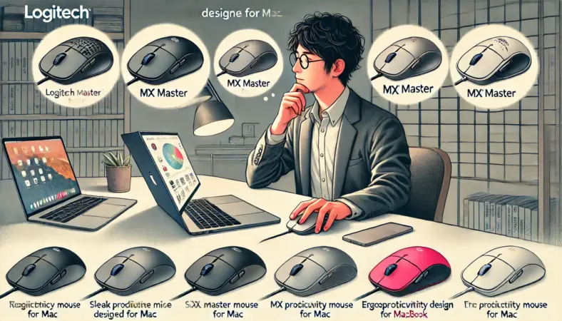 日本人ユーザーがMacBookの横でロジクール製の複数のマウスを比較しているイラスト。握りやすさや機能性、デザイン性などを考慮しながら最適なサードパーティ製マウスを選ぼうとしている様子