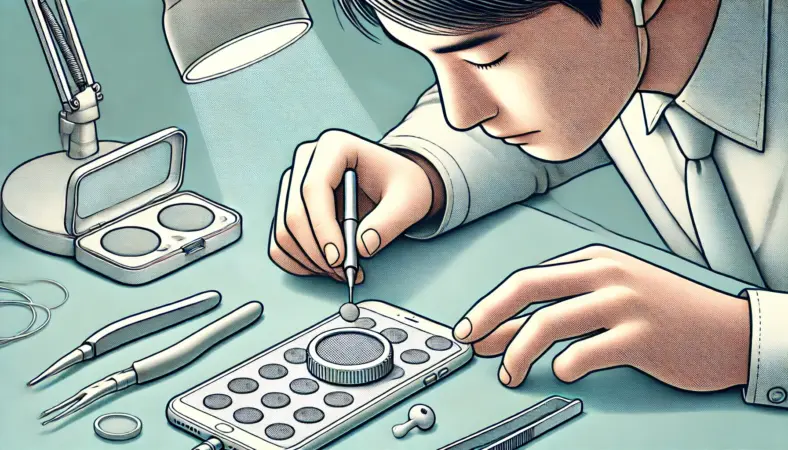 日本人の人物がイヤホンのノズルに粘着付きの丸型メッシュフィルター（シールタイプ）をピンセットで慎重に貼り付けている様子。作業机には明るいライトとツールが整備され、正確な貼り替え手順が分かる構図。