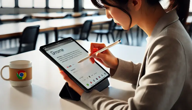 スタイラスペンを使ってiPadのChromeブラウザを操作している日本人ユーザー。清潔なデスクとタブレットスタンドを使い、テキスト選択やスクロールなど細かな操作を正確に行っている様子を描写。指ではなくペンによる快適な操作性を強調。