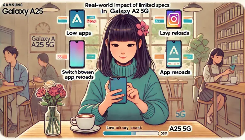 カフェでスマートフォンを操作する日本人女性が、複数アプリの切り替え時にフリーズや再読み込みに悩んでいる様子。Galaxy A25 5Gのメモリやストレージの制限による使用感の課題を視覚的に表現。