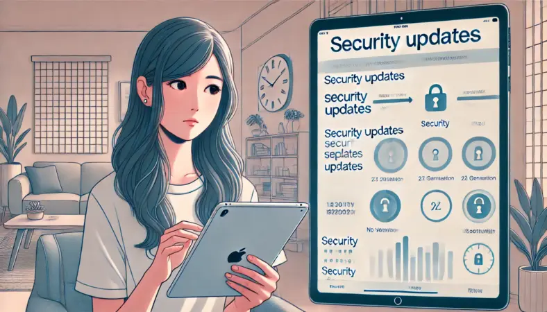 iPad第6世代のセキュリティアップデート状況を確認する日本人女性のイラスト。設定画面を見つめながら、今後のアップデート継続に不安を抱える様子。背景には更新スケジュールの不確実性を示すタイムライン風のモチーフ。