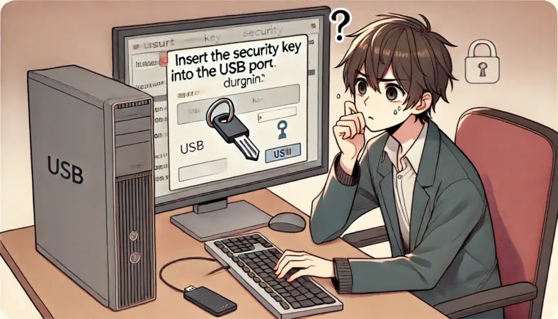 ログイン画面で「セキュリティキーをUSBポートに挿入してください」と表示され、少し困惑しながらもUSBセキュリティキーをPCに挿入しようとしている日本人ユーザーを描いたイラスト。理解と対処の瞬間を表現している。