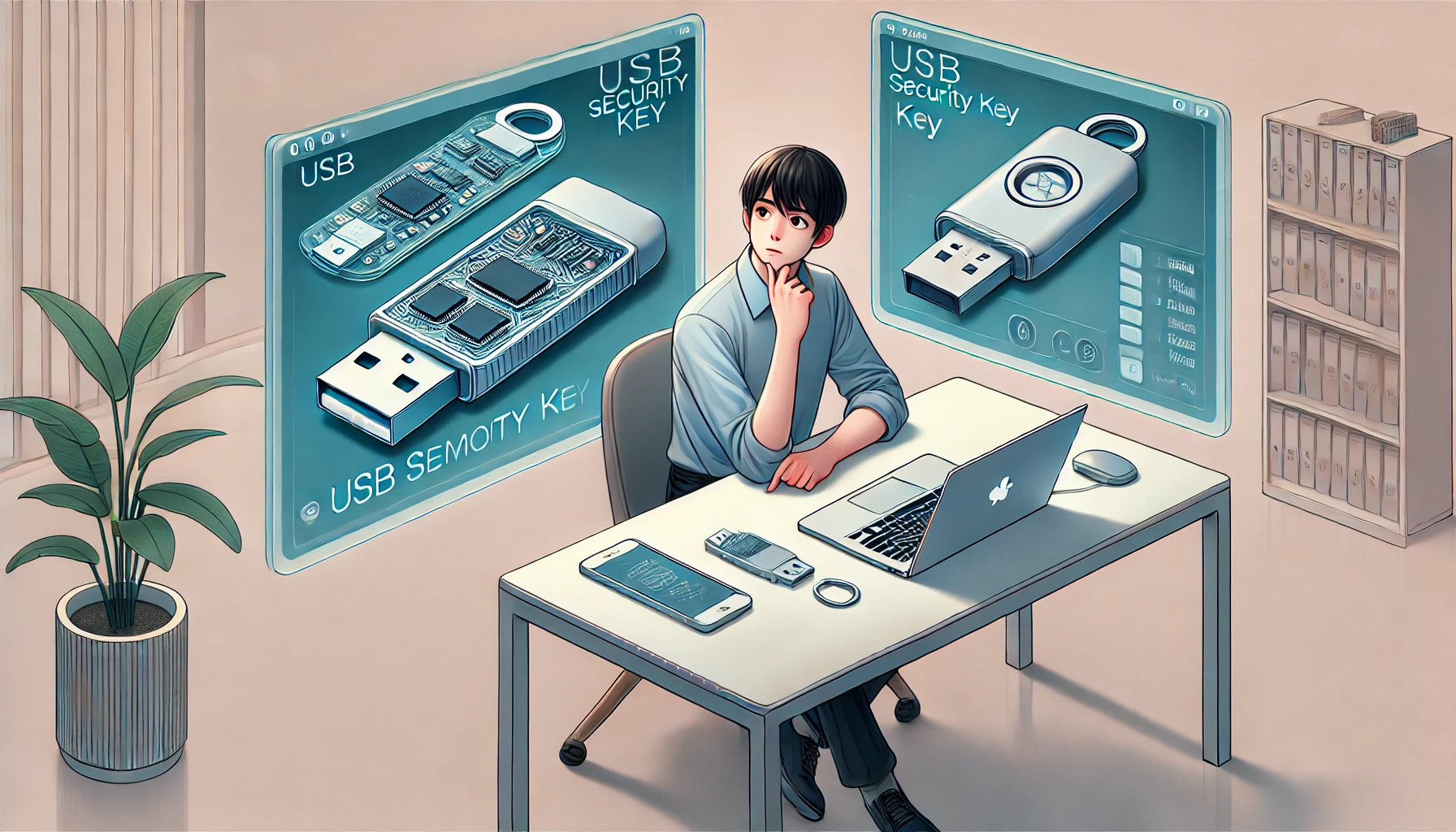 USBセキュリティキーとUSBメモリの内部構造の違いを比較している日本人のイラスト。デスク上にラップトップとスマートフォンが置かれている。