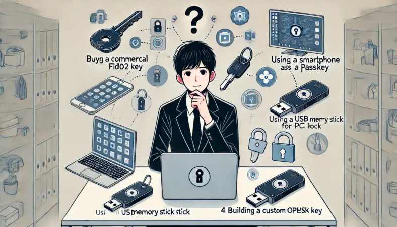 ノートPCを前に、USBセキュリティキー活用の4つの選択肢を思案する日本人のイラスト。商用キー、スマホ、USBメモリ、自作基板が視覚的に描かれている。