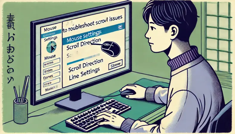 Windowsの設定画面を開き、マウスのスクロール設定を調整している日本人ユーザーのイラスト。設定変更による誤動作の排除を試みる場面を描写。