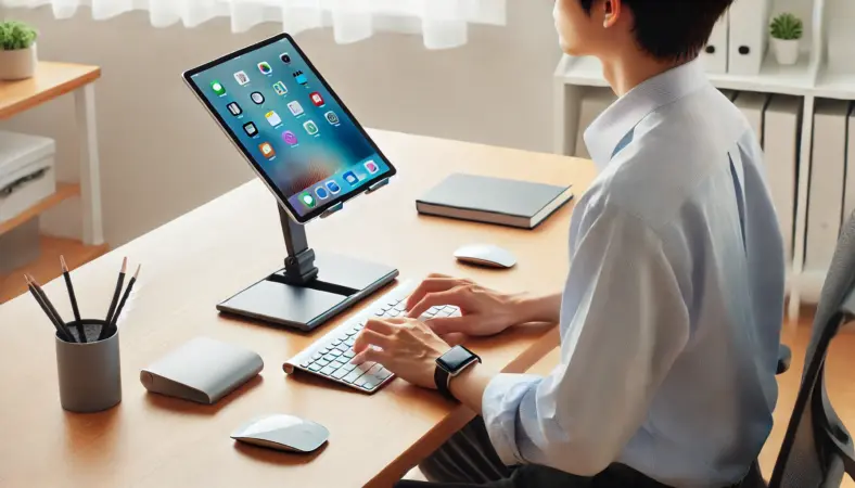 iPadをスタンドに載せて目線の高さに調整し、正しい姿勢で作業をする日本人ユーザー。ワイヤレスキーボードとマウスを併用し、明るく整ったデスク環境で生産性と身体の快適さを両立した様子。