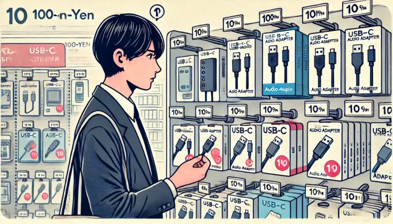 100円ショップでUSB-C音声変換アダプタのパッケージを吟味している日本人のイラスト