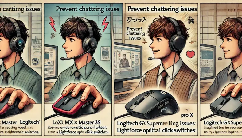 日本人ユーザーが、それぞれMX Master 3SとG PRO X SUPERLIGHT 2を使い分けている比較イラスト。左側では電磁式ホイールのマウスを操作し、右側では光学式クリックスイッチのマウスを使用。チャタリング対策として構造的に優れたマウスの選び方を表現している。