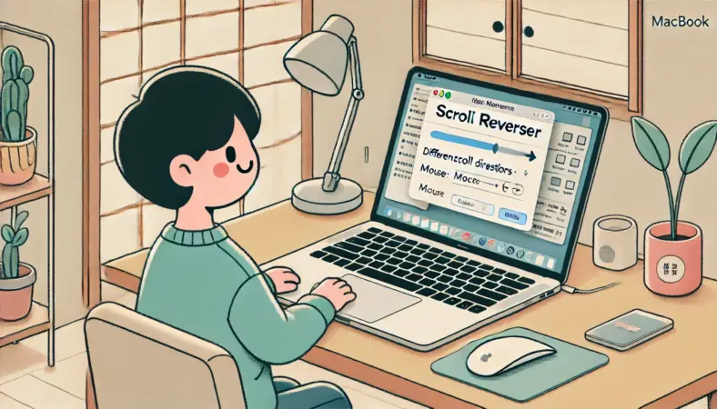 Scroll Reverserのようなアプリを使って、マウスとトラックパッドのスクロール方向を別々に設定し、満足そうに微笑む日本人ユーザーのイラスト。