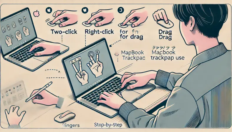 日本人のユーザーがMacBookで2本指の右クリックと3本指のドラッグを練習している様子のイラスト。デスク上で落ち着いた環境の中、トラックパッド操作に集中している場面