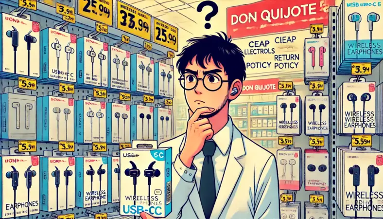 ドン・キホーテのイヤホン売り場で複数の格安ワイヤレスイヤホンを前に迷っている日本人男性のイラスト。仕様が不明瞭なパッケージを見比べ、型番やUSB-C端子などの情報を探している様子が描かれている。