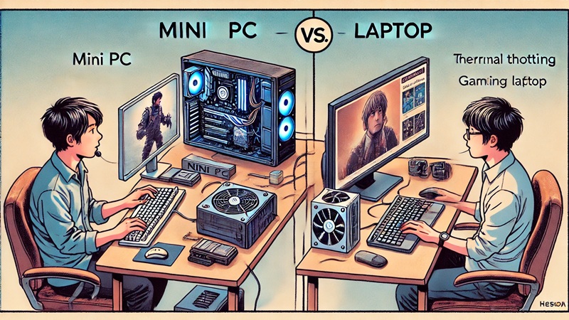ミニPCとゲーミングノートPCを使う日本人ユーザー2人を対比したイラスト。ミニPCは大画面と冷却性に優れ快適なゲーム環境を提供している一方、ノートPCは画面が小さく発熱に悩む様子が描かれており、両者の違いが直感的に分かる構成