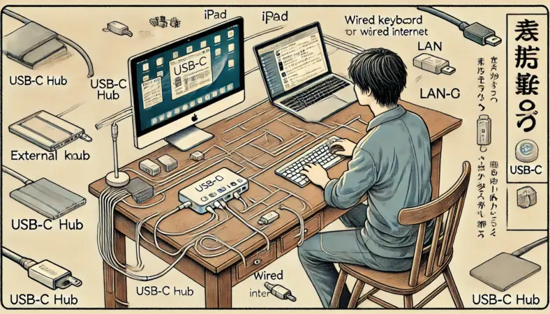 iPadをUSB-Cハブ経由で外部モニター、有線キーボード・マウス、LANケーブルに接続し、拡張された作業環境で作業する日本人の人物のイラスト。ハブの活用により、iPadが本格的な作業機器として機能している様子が表現されている。