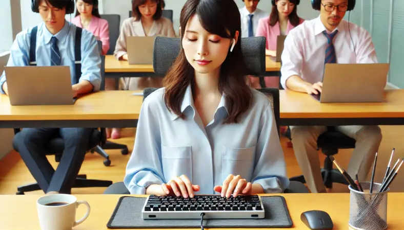 オフィスで静音キーボードを使う日本人女性。周囲に配慮した打鍵環境を整えているシーン。