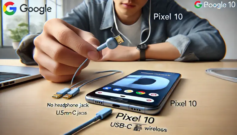 Google Pixel 10をデスクに置き、USB-Cイヤホンを手にした日本人ユーザーがポートを確認している様子。旧機種との比較から、イヤホンジャック非搭載が継続されていることが視覚的に示されている。