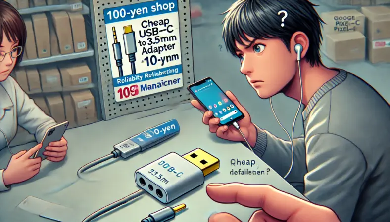 日本人ユーザーがGoogle Pixel 8で100均のUSB-C変換アダプタを使って音が出ない問題に戸惑っている様子。隣には動作している高品質アダプタも並べられ、両者の信頼性の違いが視覚的に示されている。