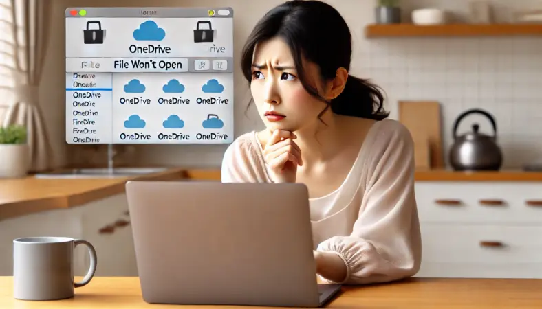 MacBookのFinderでOneDriveファイルを開こうとして戸惑っている日本人女性。クラウドアイコンの状態を確認しながら、ファイルの開けない原因を冷静に探っている様子。