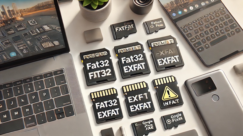 SDカードの種類とフォーマット（FAT32 / exFAT）の視覚的な比較と互換性の示唆。